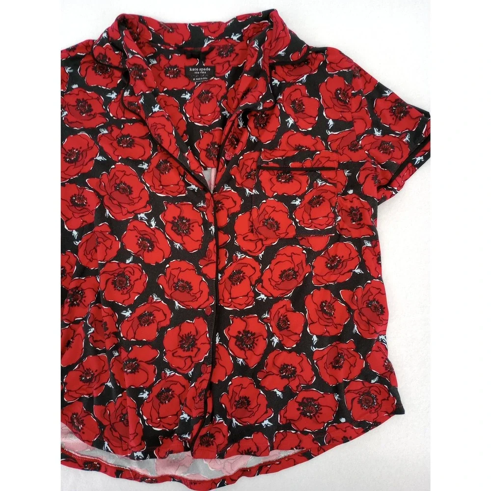 Kate Spade Pajama Top Women Medium Red Poppy Floral Short Sleeve Button Front